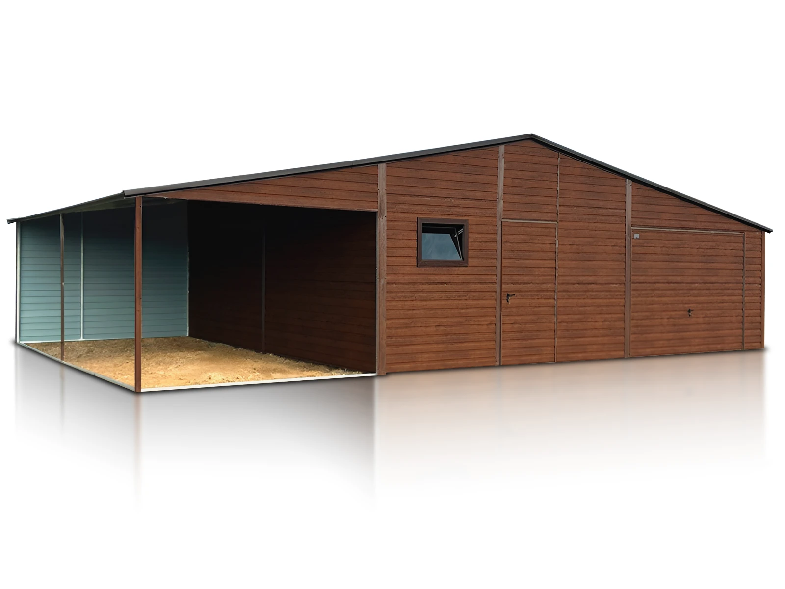 Garaż blaszany 8x7m z wiatą 3m drewnopodobny