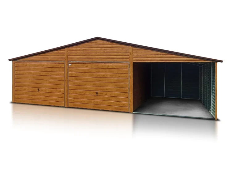 Garaż blaszany dwustanowiskowy 9x5 m Dach dwuspadowy Drewnopodobny