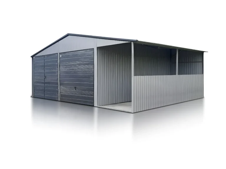 Garaż blaszany dwustanowiskowy 6x5 m z wiatą 2 m Aluminium