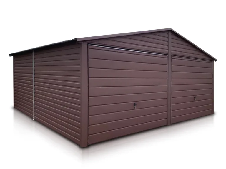 Garaż blaszany dwustanowiskowy 6x5.5 m Dach dwuspadowy Ciemny brąz