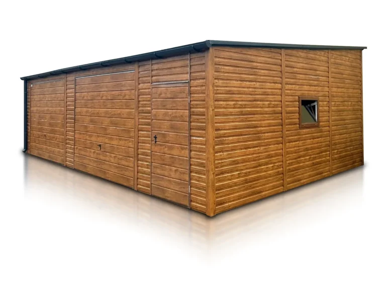 Garaż blaszany dwustanowiskowy 9x6 m Dach dwuspadowy Drewnopodobny