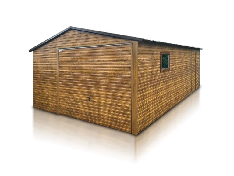 Garaż blaszany jednostanowiskowy 4.5x6 m Dach dwuspadowy Drewnopodobny